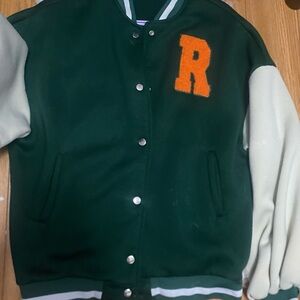 Green Varsity Jacket with Orange Letter
